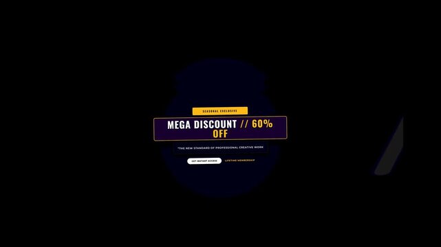 Mega Discount 60 Percent Off Motion Graphic Animation Featuring Modern Typography With Dynamic Text Reveal For Commercial Sales Promotions And Digital Marketing Campaigns On Dark Backgrounds