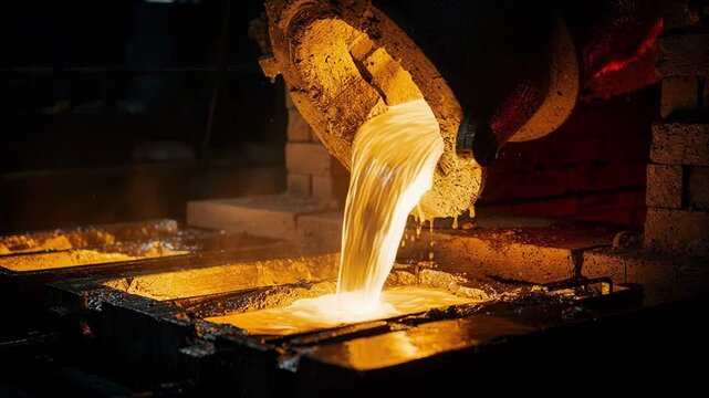 Molten goldsilver dore pouring smoothly from a refinery furnace spout into glowing molds capturing the intense heat and radiant liquid metal flow in a medium shot