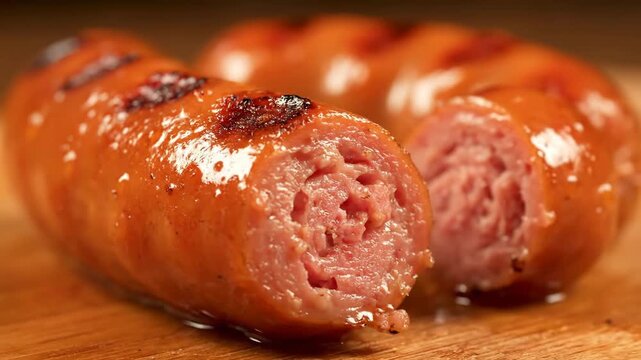 Macro close-up shot of juicy, freshly grilled sausage halves with char marks, resting on a wooden cutting board, revealing the pink cooked meat texture.