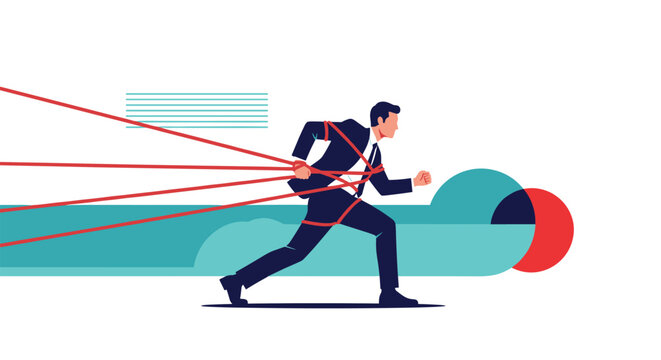 Determined professional businessman running forward while being pulled back by several red ropes attached to his body.