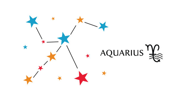 Stylized illustration of the aquarius zodiac constellation with colorful stars along with its astrological symbol and name.