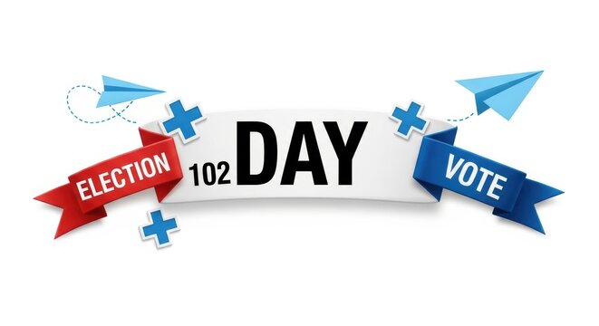 Election day text graphic with red and blue ribbons and paper planes for voting and democracy awareness