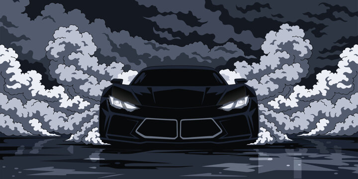 Dramatic stylized illustration of a black sports car surrounded by billowing white smoke and dark clouds