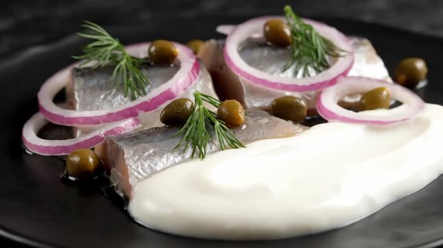 Delicious marinated herring fillets with red onion rings, capers, fresh dill, and creamy sauce served on a dark plate, a traditional scandinavian or european appetizer.