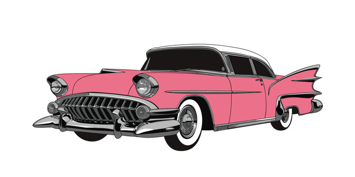 Stylized vector illustration of a vintage pink classic car with white roof and chrome tail fins