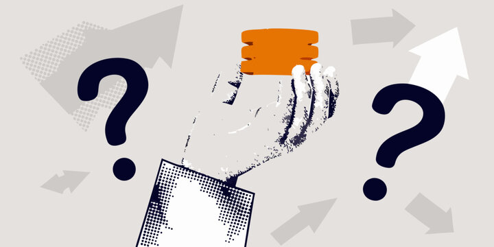 Question marks and hand with yellow object vector illustration
