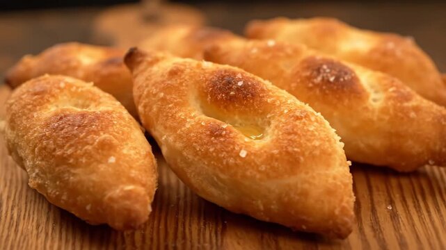 Appetizing homemade golden schiacciata (focaccia) bread with coarse salt resting on a wooden cutting board, ready to eat.