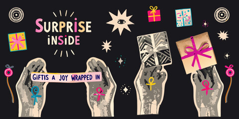 Wrapped gift boxes with ribbons a retro vector collage style © Ajay
