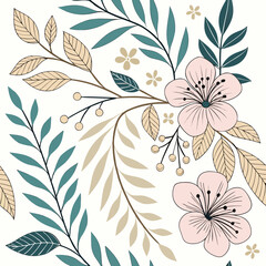 Fototapeta premium Charming floral pattern with pink blossoms, teal leaves, and beige foliage on white background