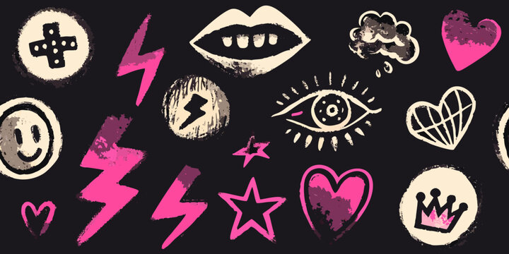 Punk zine style collage featuring hearts eyes and lightning bolts