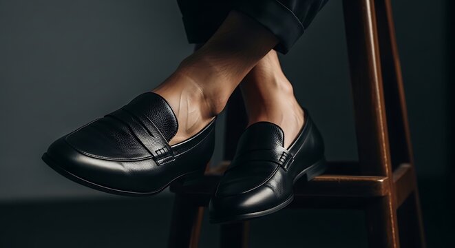 Person&rsquo;s feet wearing shiny black leather loafers resting on a dark wooden stool, elegant and stylish"