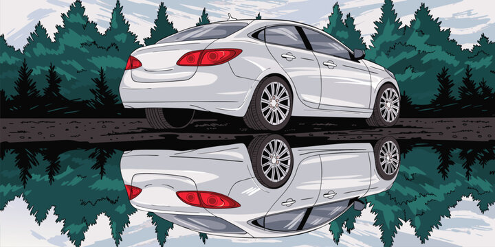 Stylized digital art of a white sedan in an evergreen forest with a mirror reflection