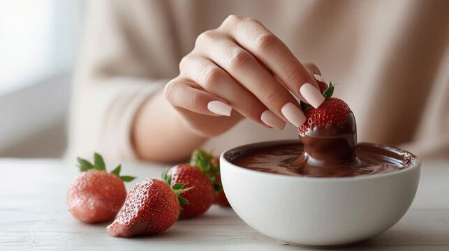 A woman's hand with a minimalist manicure dips fresh strawberries into melted chocolate.
