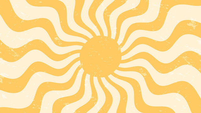 Retro Yellow Sunburst Background with Wavy Rays and Grunge Texture