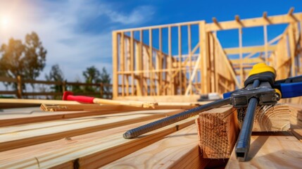Naklejka premium Construction Site with Wooden Framing and Tools Against a Bright Sky