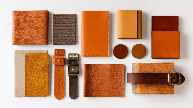 Flat lay composition of various blank leather jeans patches in tan and brown tones, metal buttons and denim straps arranged neatly on pure white background