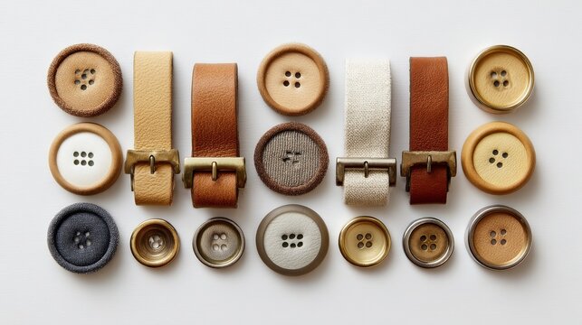 Flat lay composition of various blank leather jeans patches in tan and brown tones, metal buttons and denim straps arranged neatly on pure white background