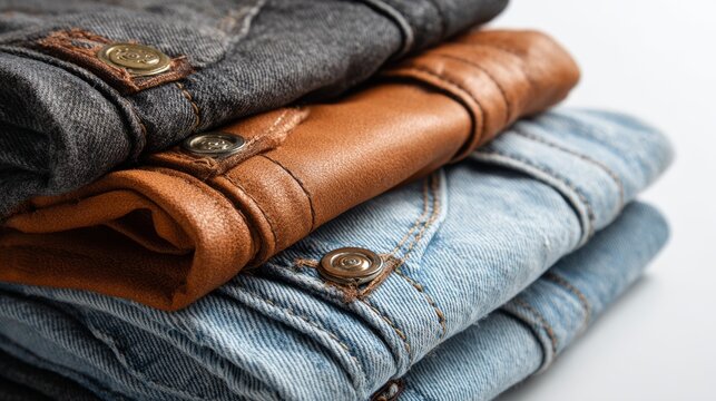 Group of leather jeans label mockups with stitched edges, mixed with hardware buttons and leather loops, minimalistic display on white background