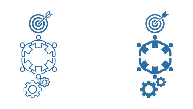 Strategic business goal alignment and team collaboration concept icon set in professional blue outline and solid vector styles for corporate planning
