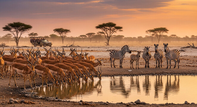 Herd of zebras and antelopes drinking water at sunset in African savanna with safari vehicle