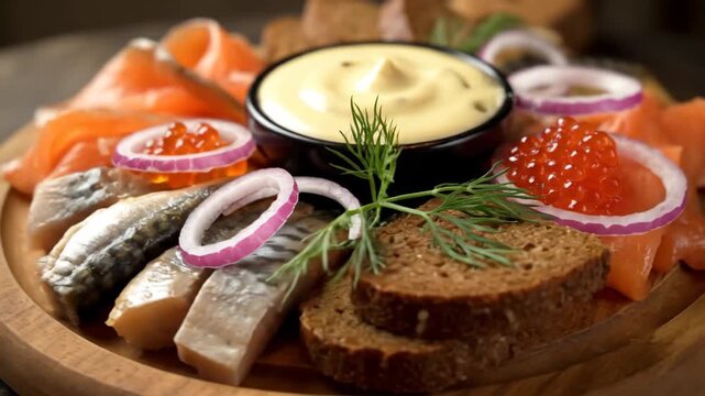 Gourmet fish platter featuring sliced smoked salmon, marinated herring, and red caviar with dark rye bread and creamy sauce served on a rustic wooden board