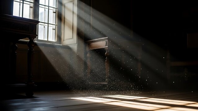 Dramatic god rays streaming through window into dark room with floating dust particles, moody cinematic atmosphere
