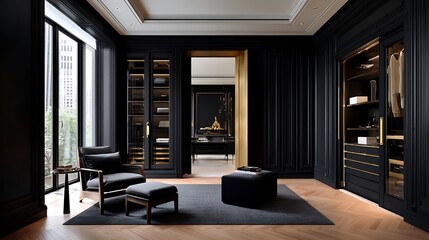 Fototapeta premium Elegant modern interior living space with dark wood paneling and large window views