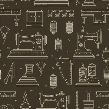 Outline style vector icons representing sewing equipment and textile patterns, minimal design showing leather pieces, needles, rulers, and stitching tools