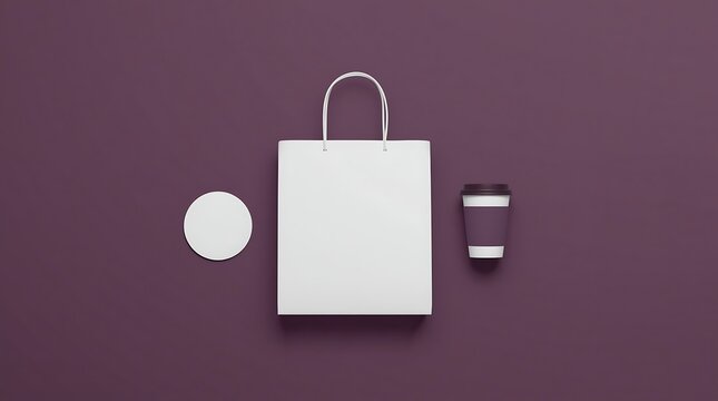Minimalist white paper bag, coffee cup, and coaster on a purple background, top view.