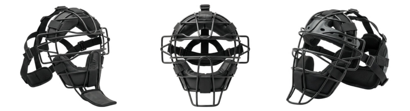 A Set of catcher style protective face masks, black metal cage designs for baseball, softball and umpire safety, heavy duty impact resistant gear PNG

