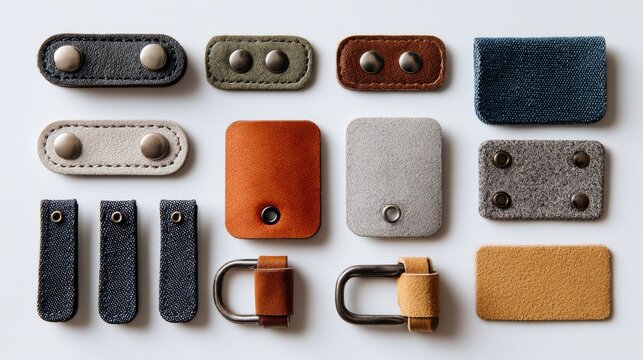 Stylish fashion accessory flat lay showing empty leather garment labels, riveted jean hardware, and leather tabs neatly placed on studio white