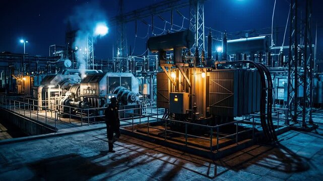 Medium shot of a rectifier station at night with illuminated transformers and turbine machinery casting dynamic shadows in an intense bluetoned environment