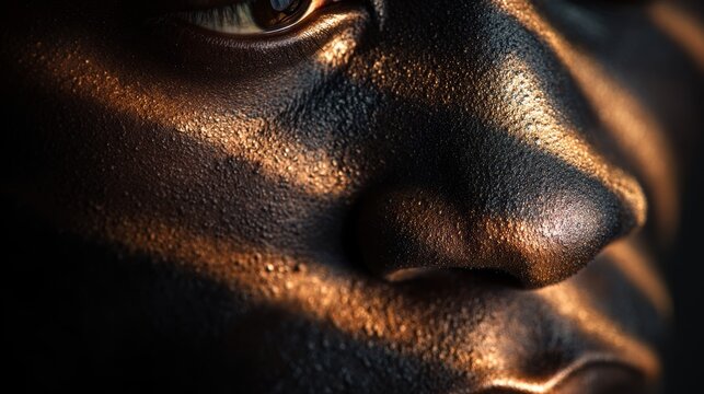 Abstract macro of African-American skin with visible pores and highlights, lit dramatically to mimic undulating terrain, fantasy landscape concept