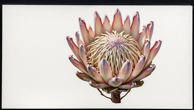 Macro of single pink king protea flower head isolated on white canvas background showcasing intricate petal texture and central stamens for floral design