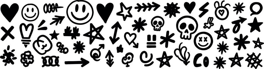 Fototapeta premium Hand drawn doodle icons set with smiley faces hearts stars and arrows