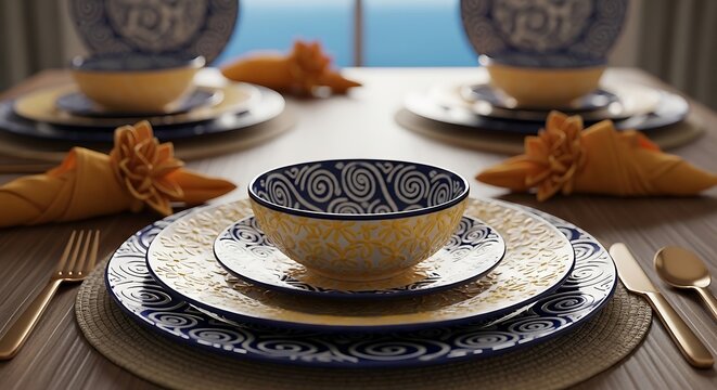 Elegant Table Setting with Traditional Moroccan Style Ceramic Dinnerware.