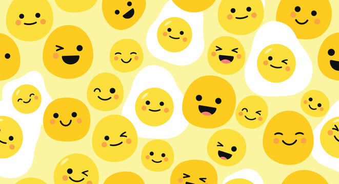 Playful seamless pattern of fried eggs and yellow circles with various happy and winking facial expressions for cheerful food branding.