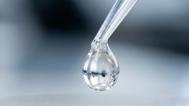 Close up of scientific pipette dispensing liquid drop into petri dish in a modern brightly lit medical laboratory