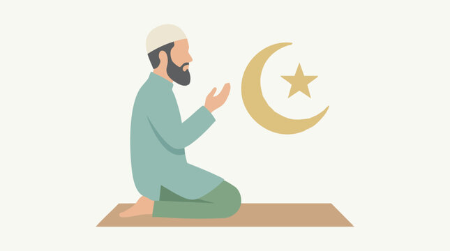 Minimalist illustration of a Muslim man praying with crescent and star