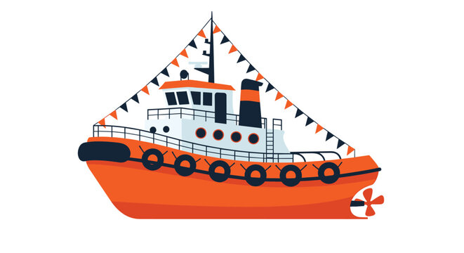 Detailed orange and white tugboat with decorative flags and black tires on its hull designed for harbor and maritime operations.