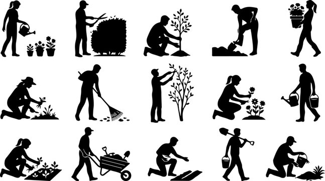 Set of gardening people silhouettes isolated on white background vector