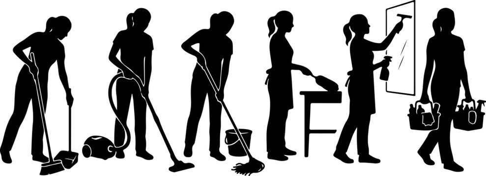 Set of silhouettes of a woman performing various household cleaning tasks vector