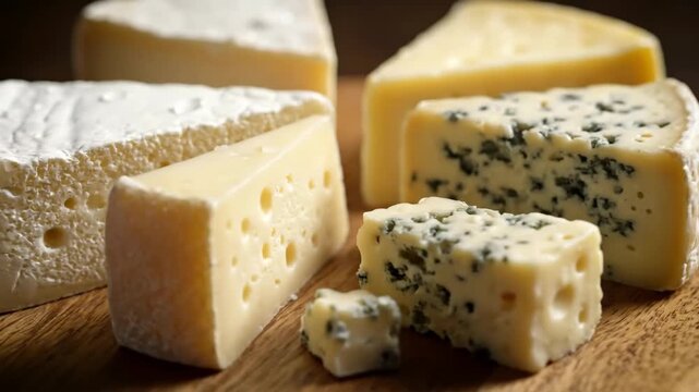 Close-up view of a gourmet cheese selection featuring brie, blue cheese, and aged hard cheese wedges arranged on a rustic wooden board for a tasting platter.