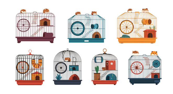 Variety of multi level hamster cages with accessories like exercise wheels, tunnels, and small houses for pet rodents on a white background.