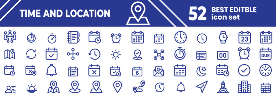 Time date and location icon set including clock calendar and address pin marker symbols for deadlines meetings time management scheduling appointment and business planning workflow.date time location 