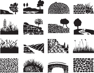 Obraz premium Landscape Pattern Silhouette art tree with Grass and Stone Texture