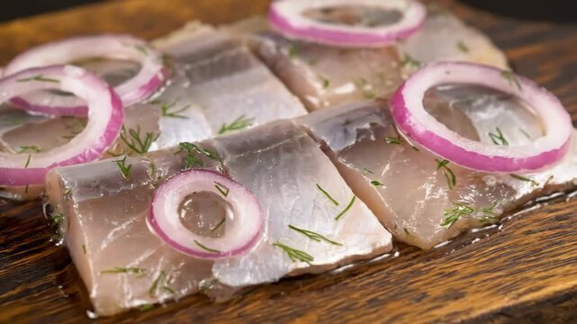 Close-up of marinated herring fillets (matjes or sild) served with fresh red onion rings and dill on a dark rustic wooden board. traditional scandinavian seafood appetizer.