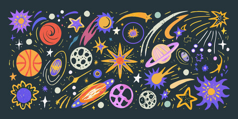Cosmic Elements And Celestial Bodies Colorful Vector Illustration © Sujal