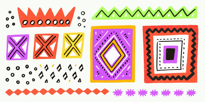 Geometric doodle pattern with colorful shapes and hand drawn elements
