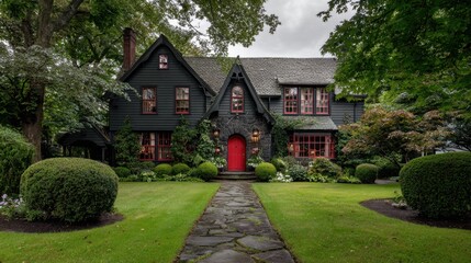 Fototapeta premium Dark gothic cottage with red door and manicured garden, photorealistic CGI
